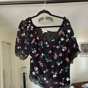 Rebecca Taylor Black Lace Top with Floral Embroidery